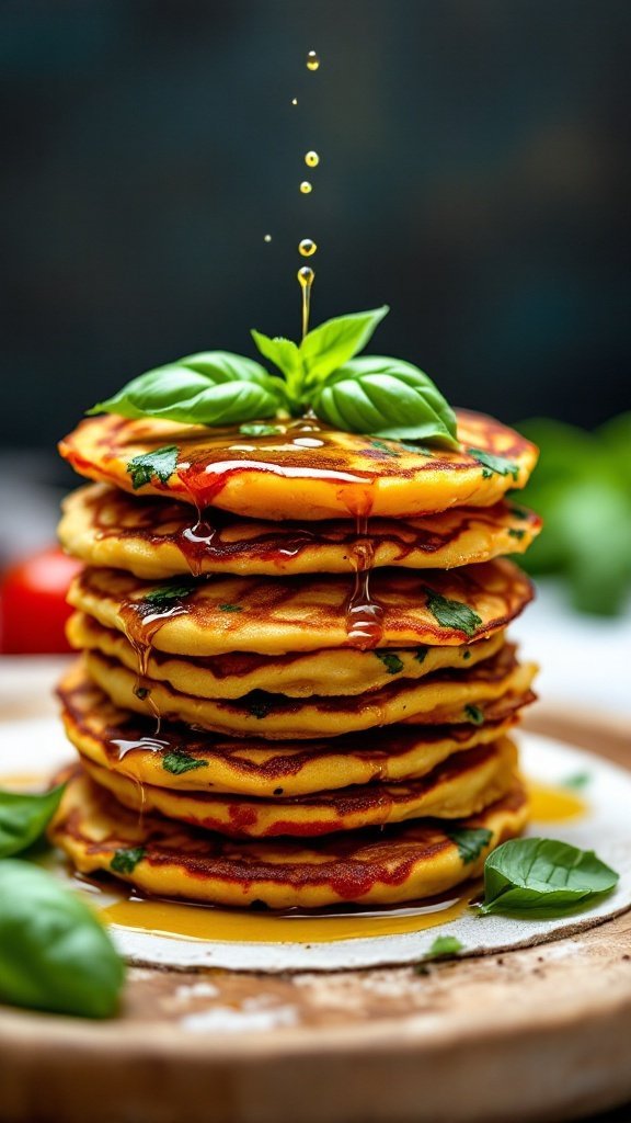 A stack of tomato basil pancakes topped with a basil leaf and honey drizzle.