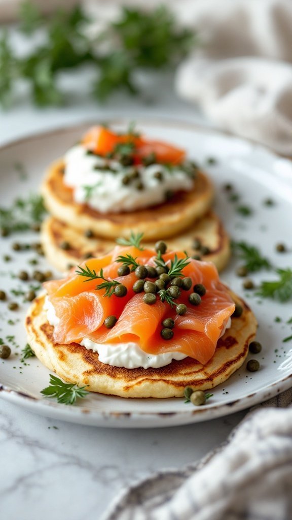 Delicious smoked salmon and cream cheese pancakes topped with capers and herbs on a plate.