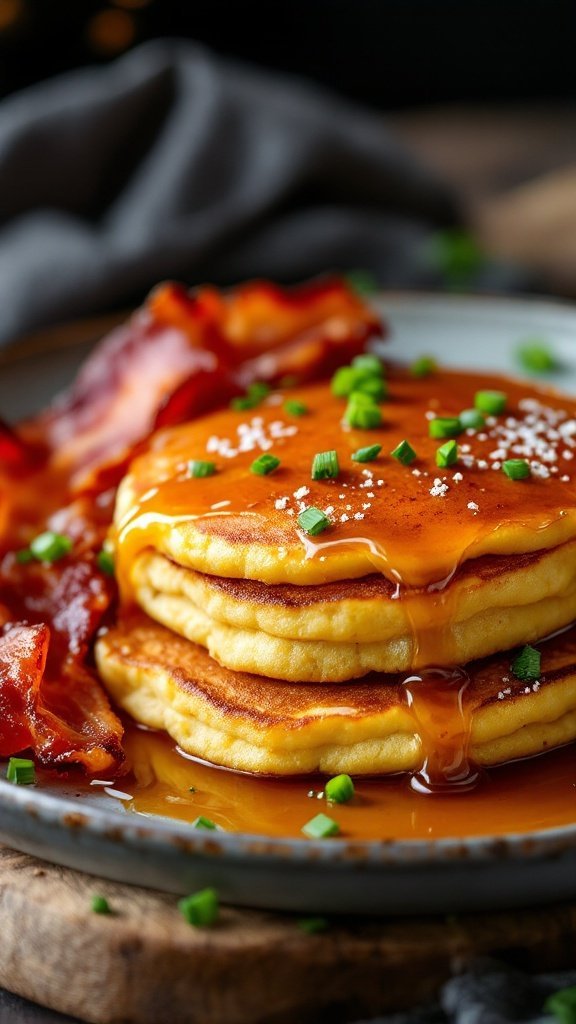 Stack of bacon and cornmeal pancakes with syrup and chives.