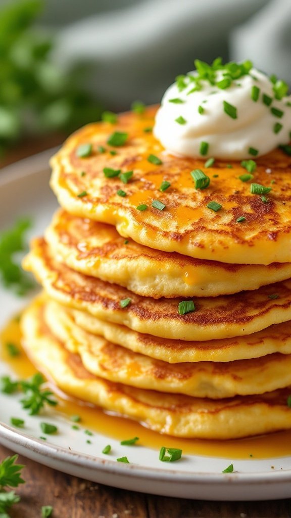 A stack of fluffy cheddar and chive pancakes topped with sour cream and chives.