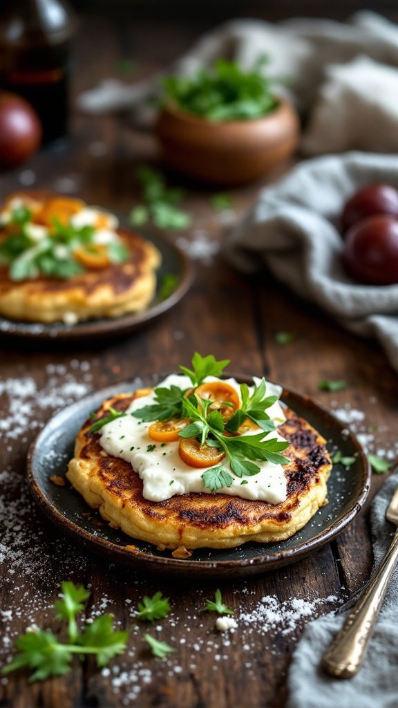 Caramelized onion and goat cheese pancakes topped with herbs