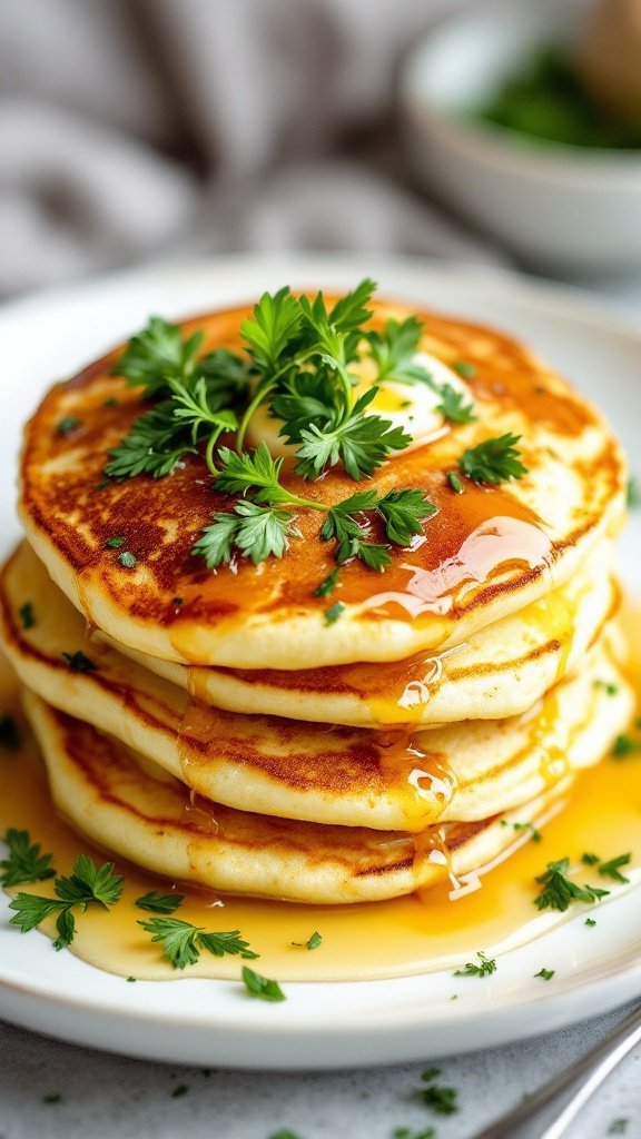 Stack of herbed ricotta pancakes topped with butter and fresh herbs, drizzled with syrup.