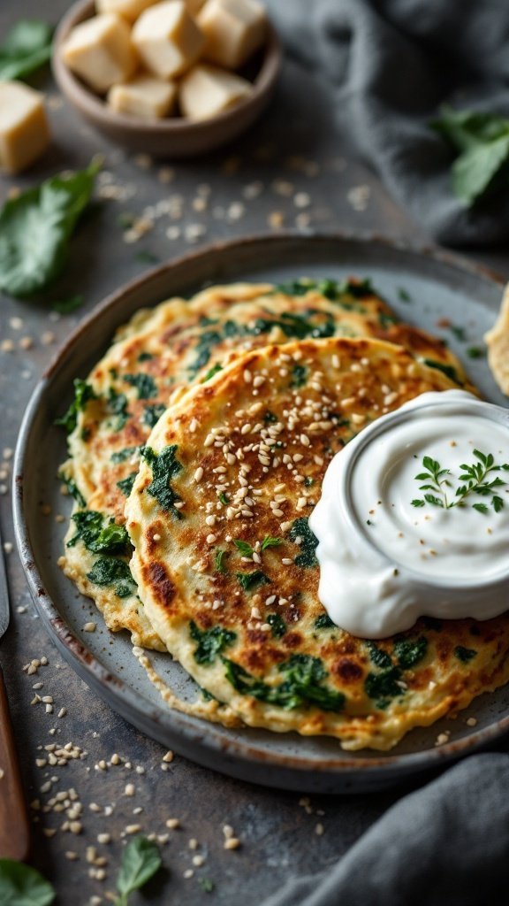 Plate of spinach and feta pancakes with yogurt and sesame seeds