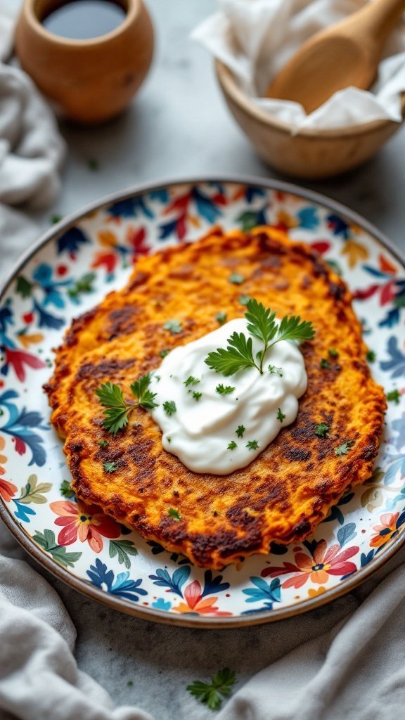 A savory sweet potato pancake topped with yogurt and herbs, served on a colorful plate.