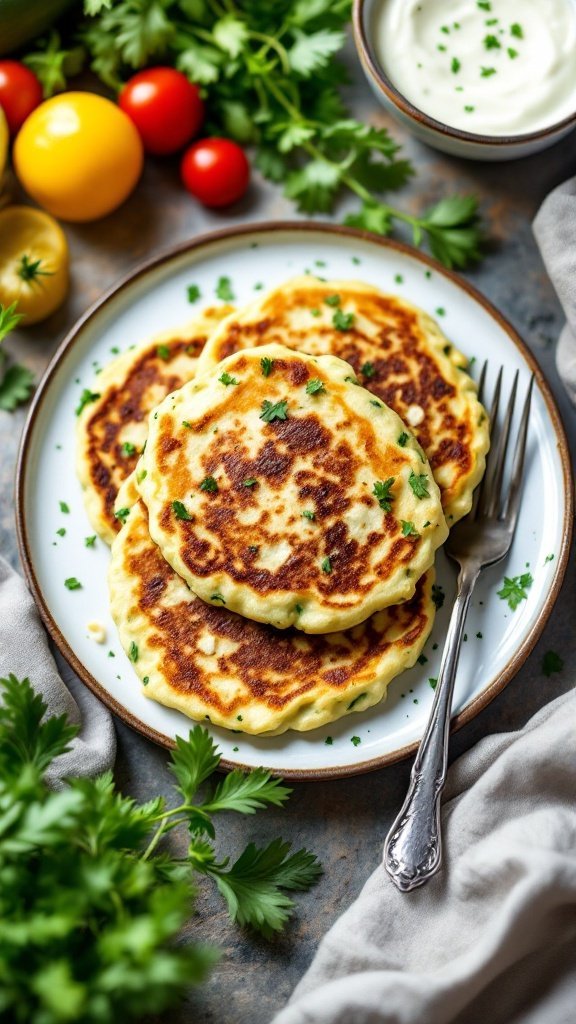 A plate of golden-brown zucchini and herb pancakes garnished with chopped herbs, surrounded by fresh vegetables.