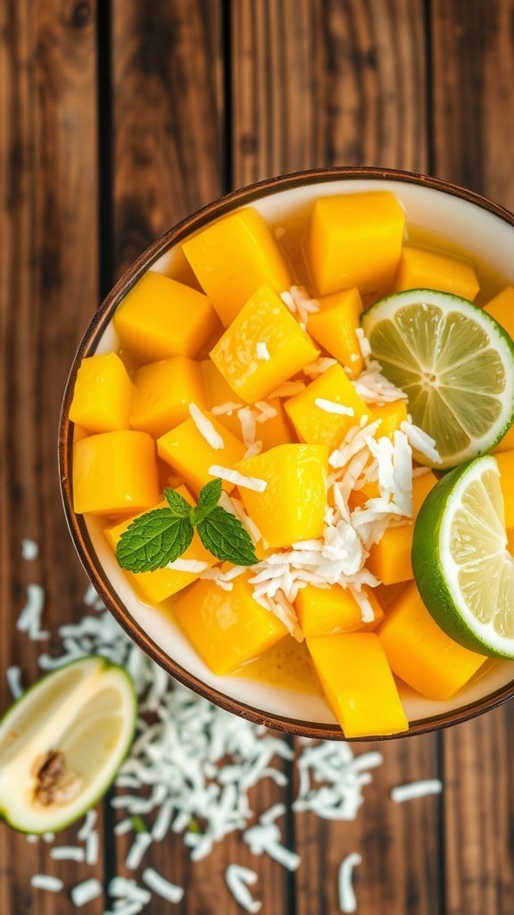 A tropical mango coconut bowl garnished with mint leaves and lime slices.