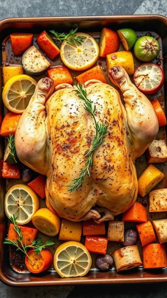 A roasted chicken surrounded by colorful vegetables and lemon slices on a baking tray.