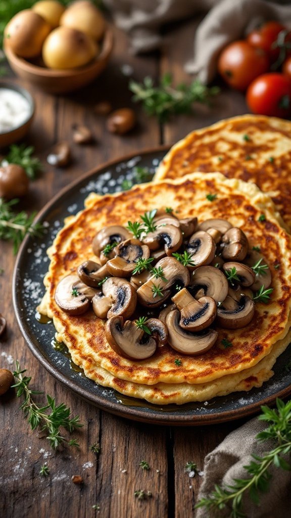 Savory mushroom and thyme pancakes topped with sliced mushrooms and fresh thyme, served on a wooden table.