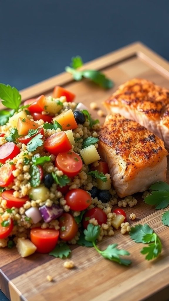 A vibrant quinoa tabbouleh salad served alongside salmon