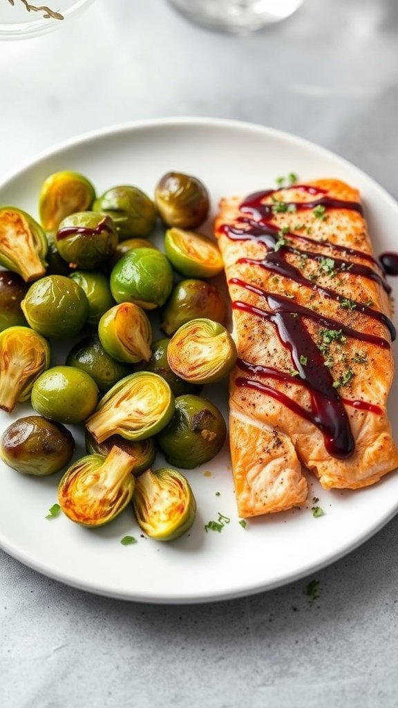 Roasted Brussels sprouts with balsamic glaze served with salmon.