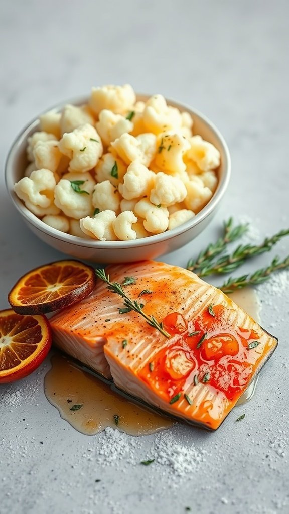 Bowl of garlic mashed cauliflower next to salmon with herbs and citrus