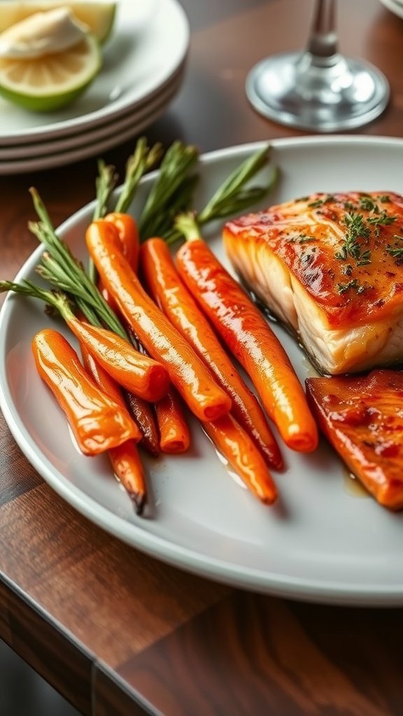 A plate of honey glazed carrots served with salmon