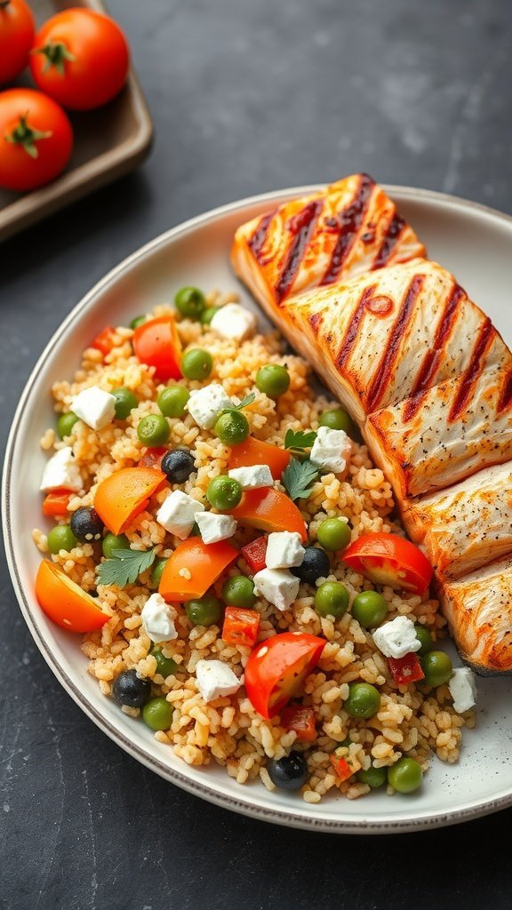 A plate of Mediterranean couscous with colorful vegetables and grilled salmon.