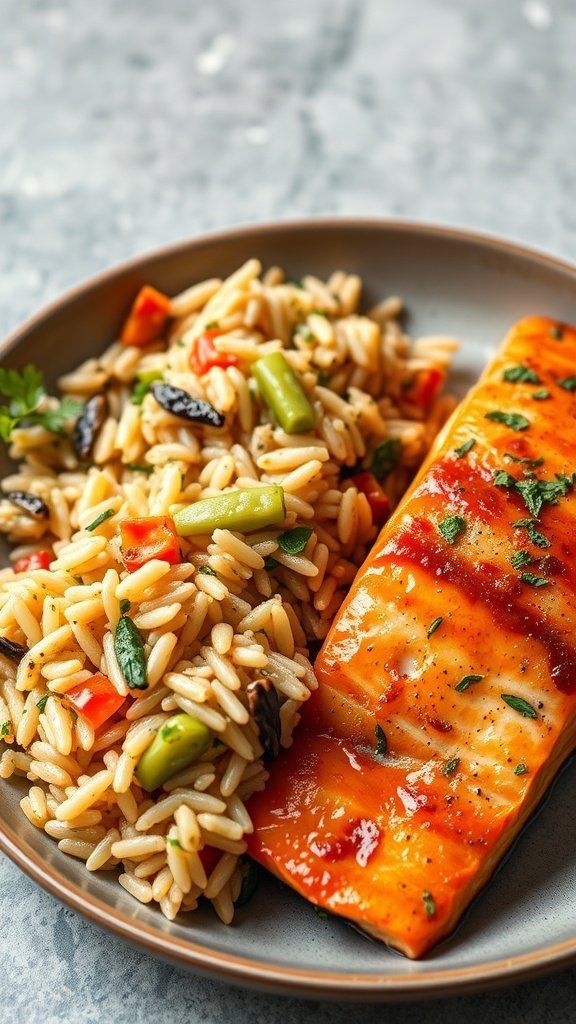 A plate of wild rice pilaf served with salmon.