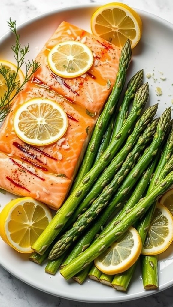 A plate of Lemon Garlic Asparagus served alongside salmon and lemon slices.