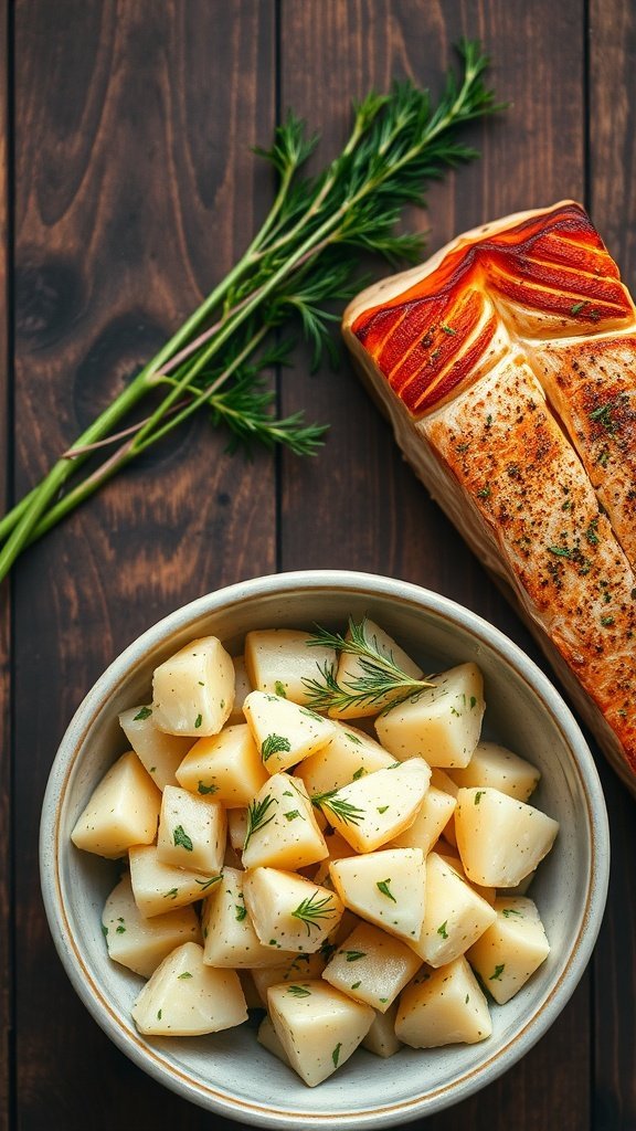 A bowl of creamy dill potato salad with chopped dill on top.