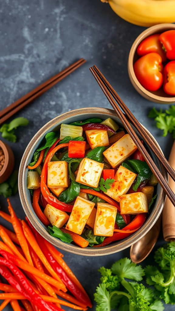 A vibrant bowl of vegetable stir-fry with tofu, surrounded by fresh vegetables and herbs.