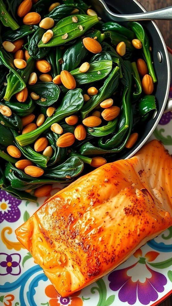 A vibrant dish of sautéed spinach with pine nuts, a perfect side for salmon.