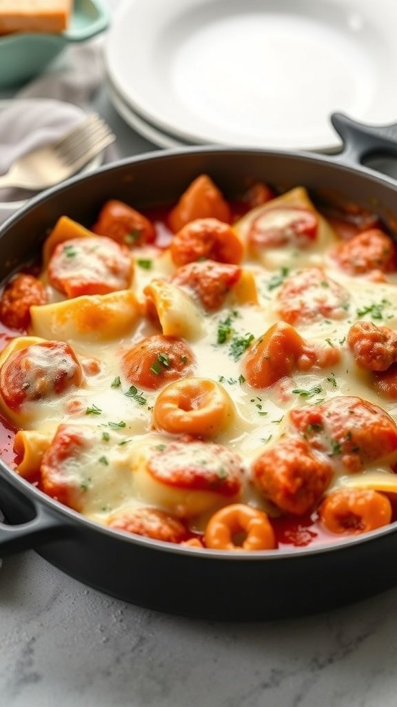 Baking dish filled with tortellini, sausage, and melted cheese.