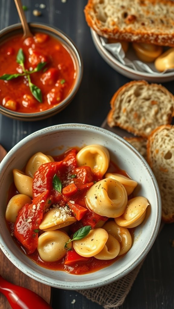 A bowl of tortellini with roasted red pepper sauce garnished with basil