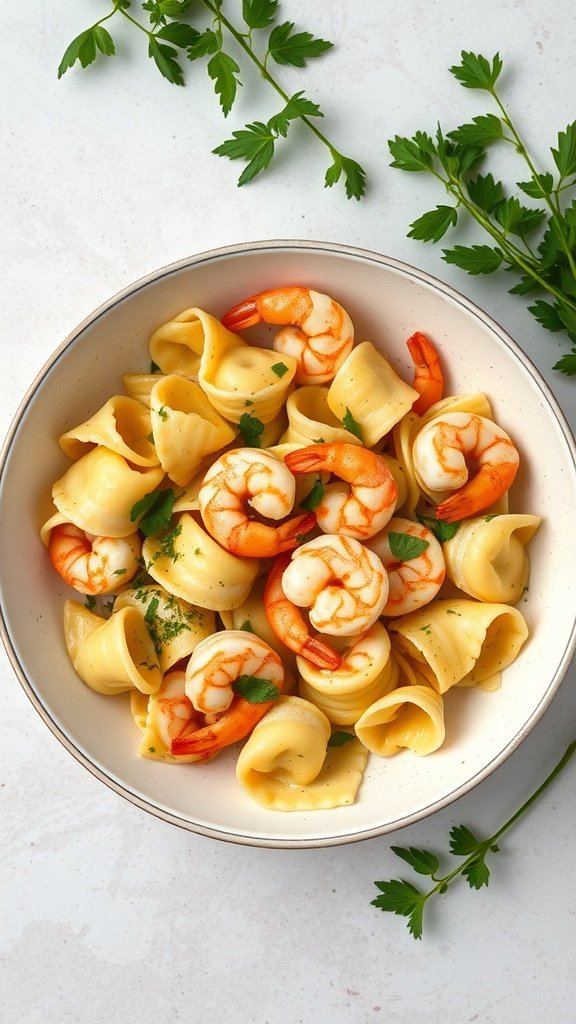 A bowl of tortellini and shrimp in garlic sauce garnished with parsley.