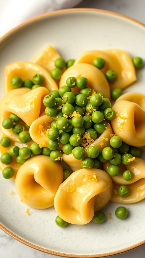 A plate of lemon butter tortellini topped with fresh green peas.