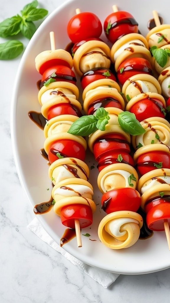 Caprese tortellini skewers with cherry tomatoes and basil.