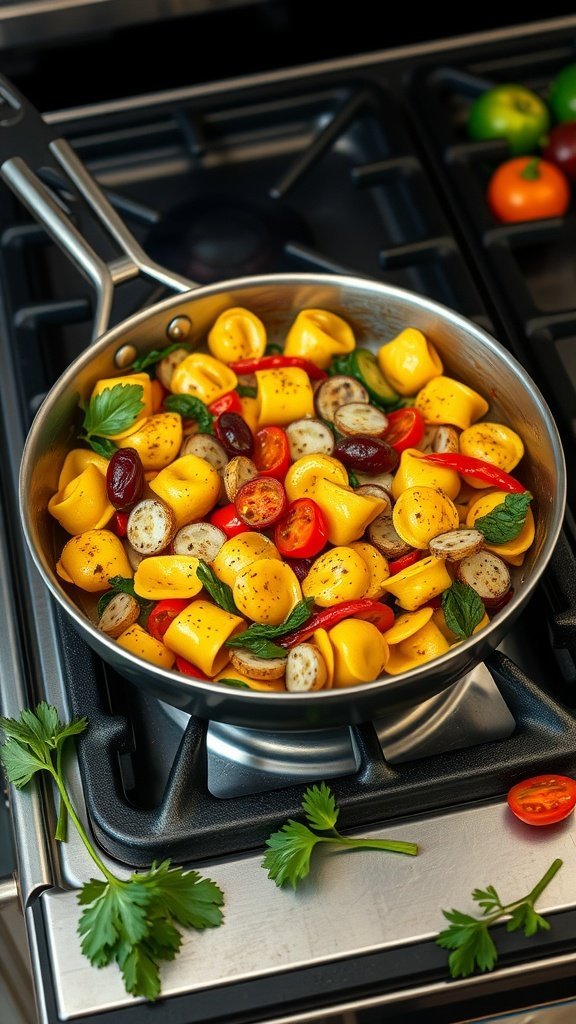 A pan with tortellini and colorful vegetables cooking on a stove.