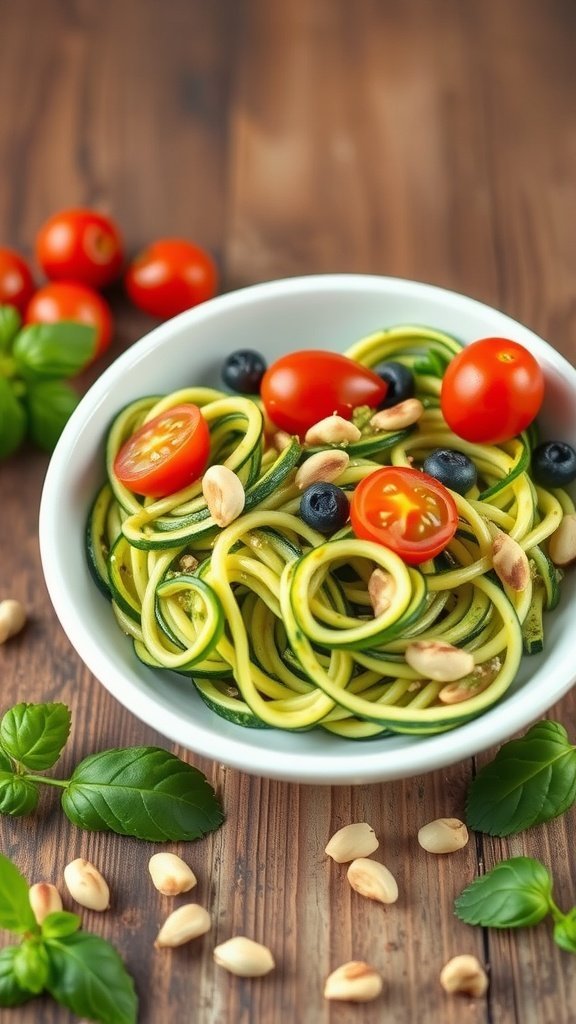 A bowl of zucchini noodles topped with cherry tomatoes, olives, and pine nuts.