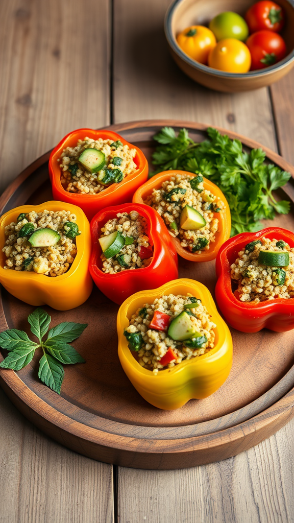 Colorful stuffed bell peppers filled with quinoa and vegetables on a wooden plate.