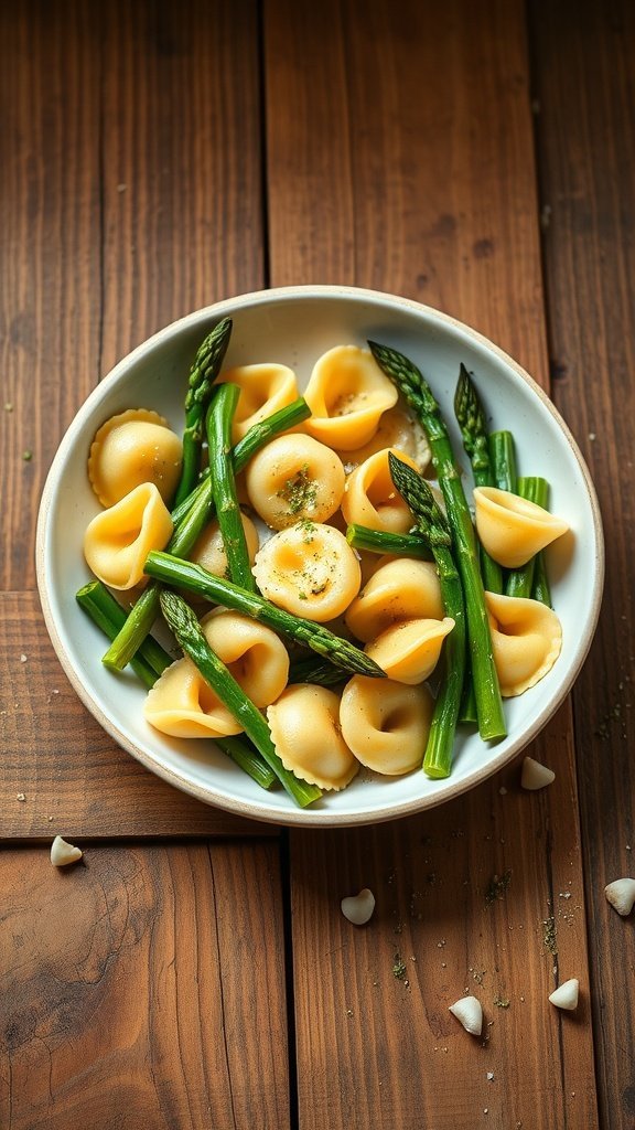 A serving of tortellini in tomato basil sauce garnished with fresh basil leaves.