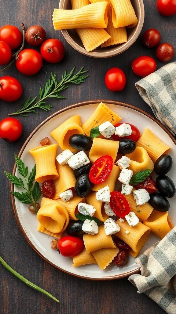 A vibrant plate of Mediterranean tortellini with feta cheese, cherry tomatoes, and olives.