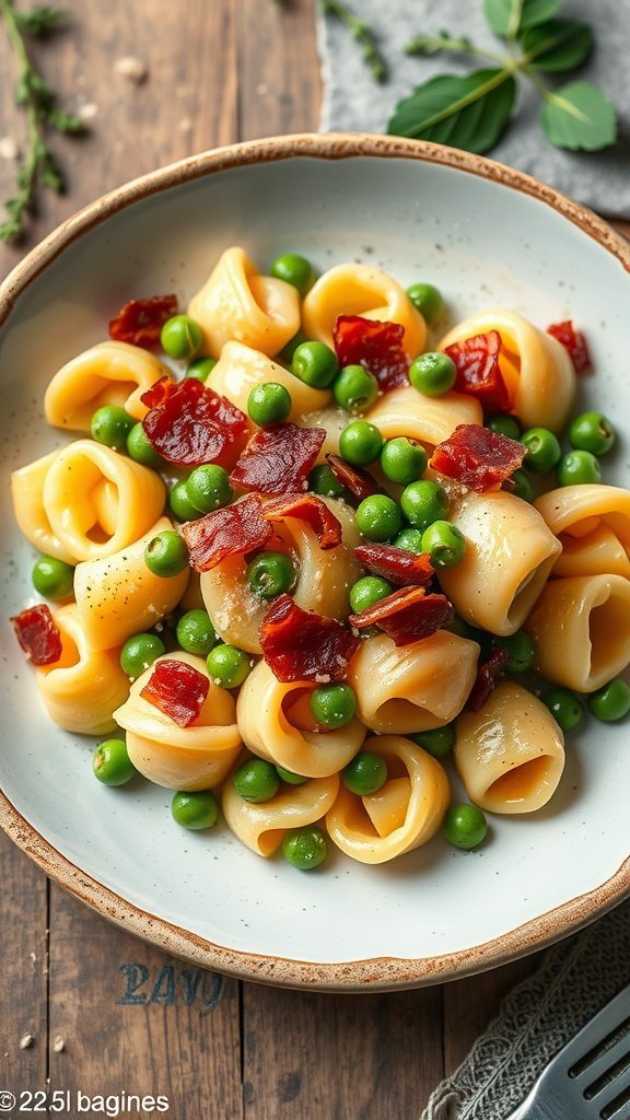 A plate of Tortellini Carbonara with Peas, featuring tortellini pasta, green peas, and crispy bacon.