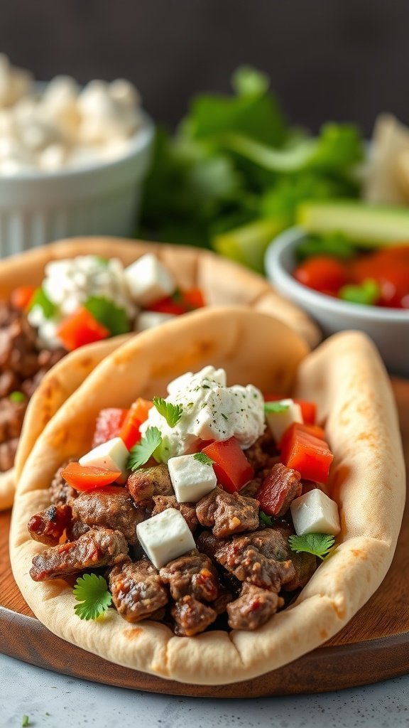 Beef gyros with fresh vegetables and spicy feta spread