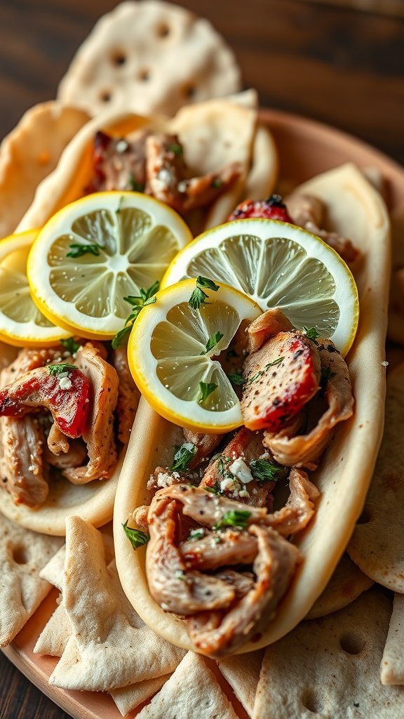 Pork gyros served with lemon slices and garnished with herbs.