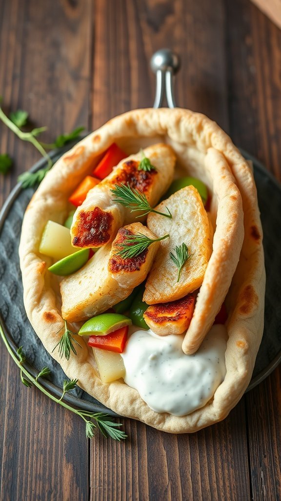 Delicious fish gyros wrapped in pita with fresh vegetables and dill sauce.