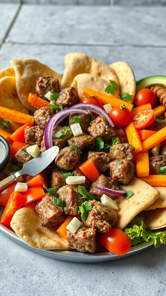 A delicious gyros platter featuring mixed meats, fresh vegetables, and warm pita.