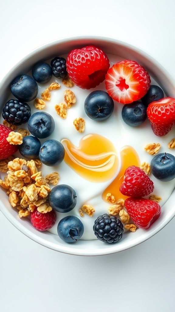 A delicious Greek yogurt bowl topped with fresh berries and granola.