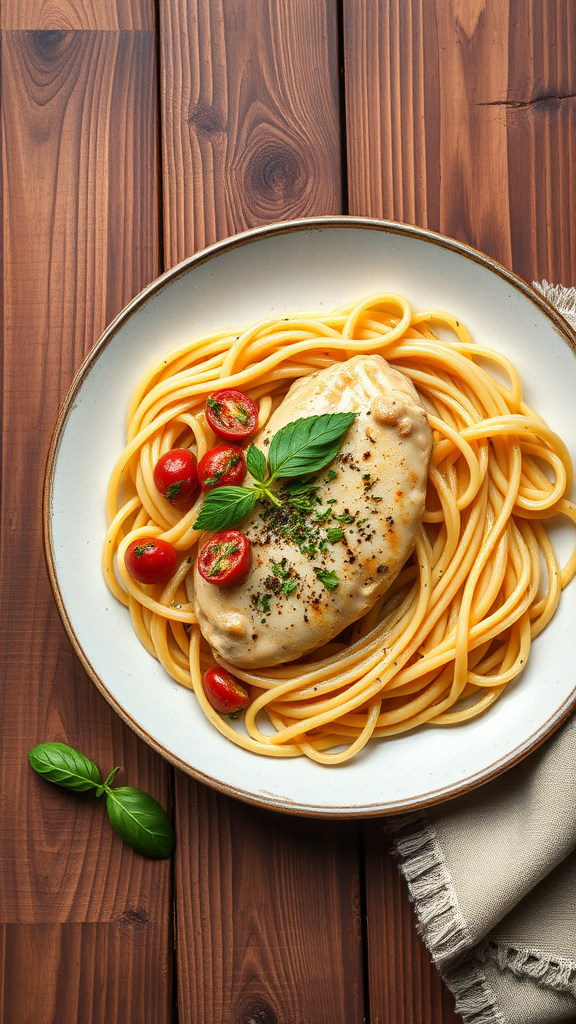 A plate of creamy garlic Tuscan chicken served with spaghetti and cherry tomatoes.