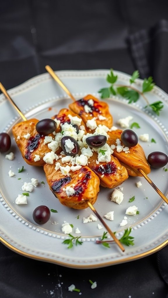 Delicious Greek chicken skewers served with feta and olives