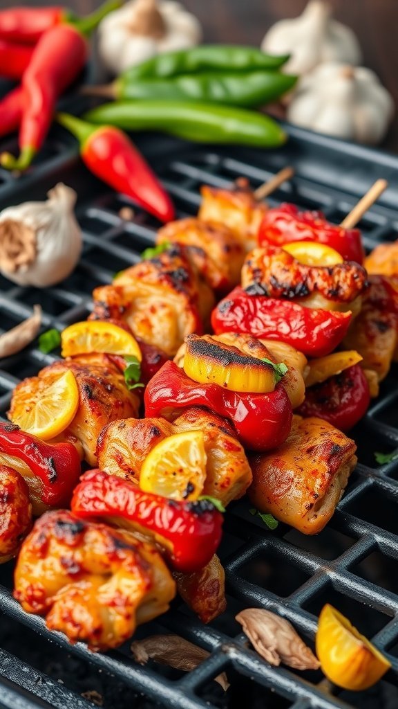 Spicy garlic chicken skewers with colorful bell peppers on a grill