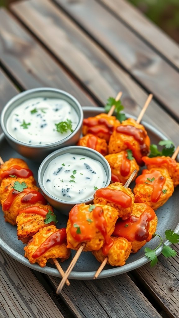 Buffalo chicken skewers served with blue cheese dip and garnished with parsley.