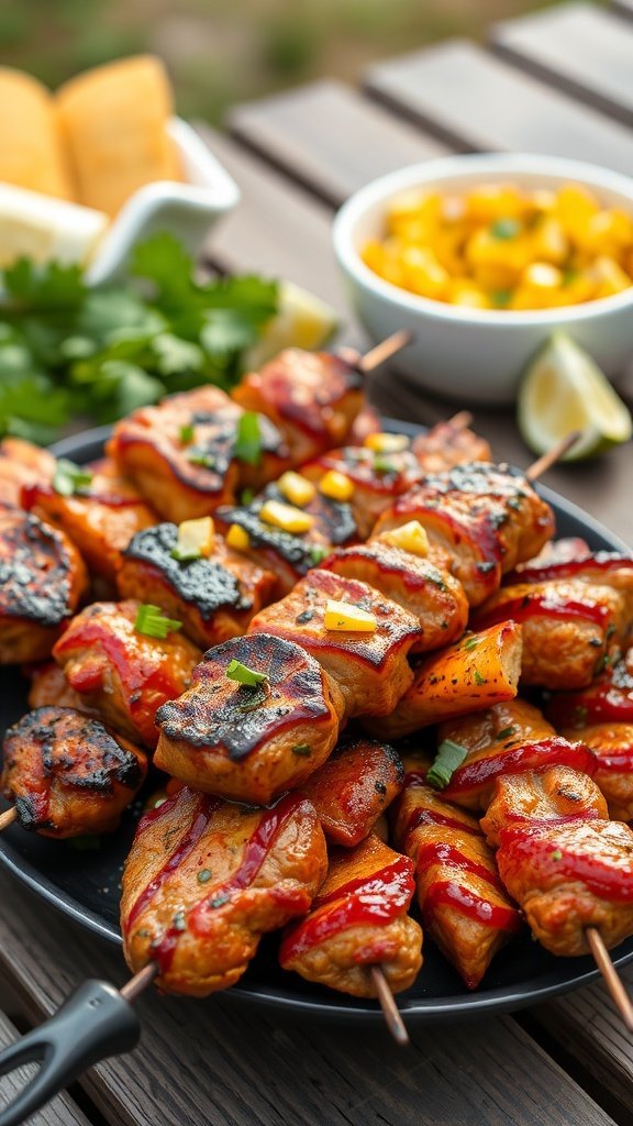 Grilled chicken skewers with corn salsa served on a platter.