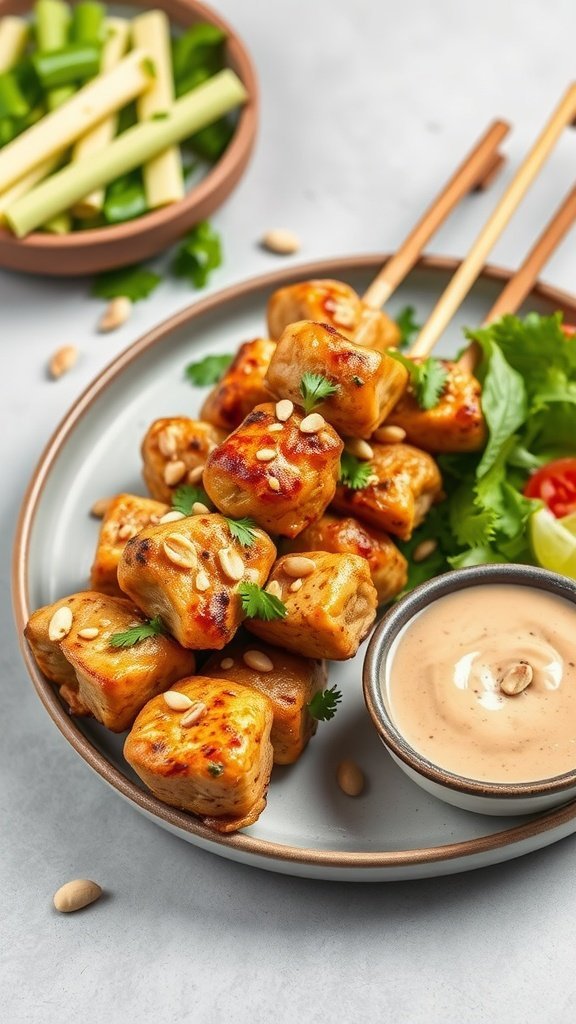 Delicious Peanut Satay Chicken Skewers served with peanut dipping sauce and garnished with herbs