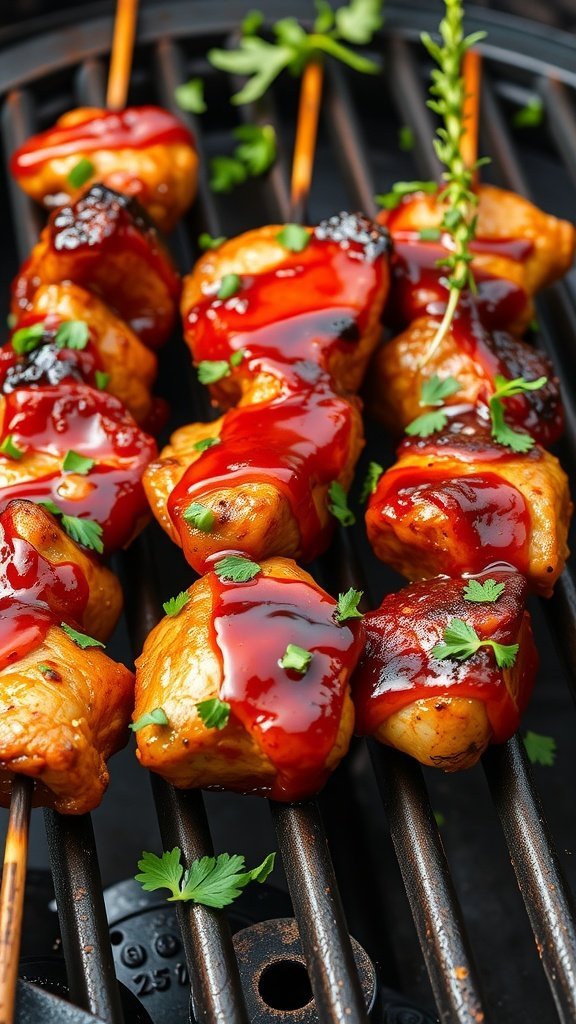 Delicious honey soy glazed chicken skewers garnished with fresh herbs