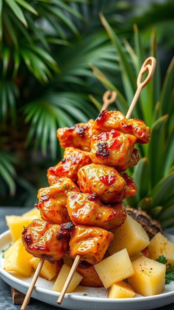 Delicious teriyaki chicken skewers served with pineapple