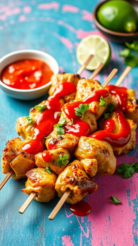 Chili Lime Chicken Skewers drizzled with sauce, garnished with cilantro, and lime slices.