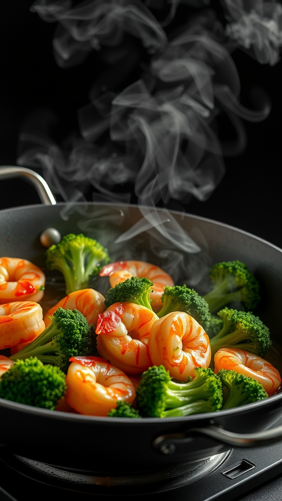 Honey garlic shrimp with broccoli cooking in a pan