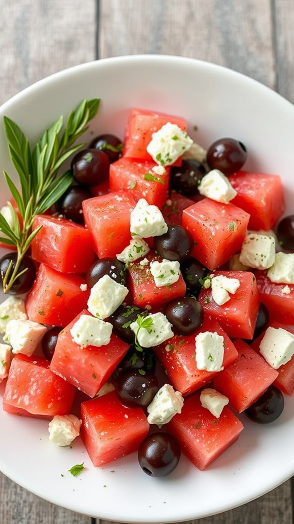 Yummy Watermelon Olive Salad with Feta and Herbs