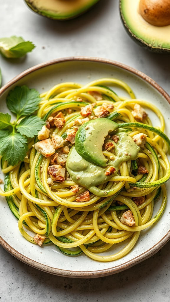 A plate with yummy Zucchini Noodles with Avocado Sauce